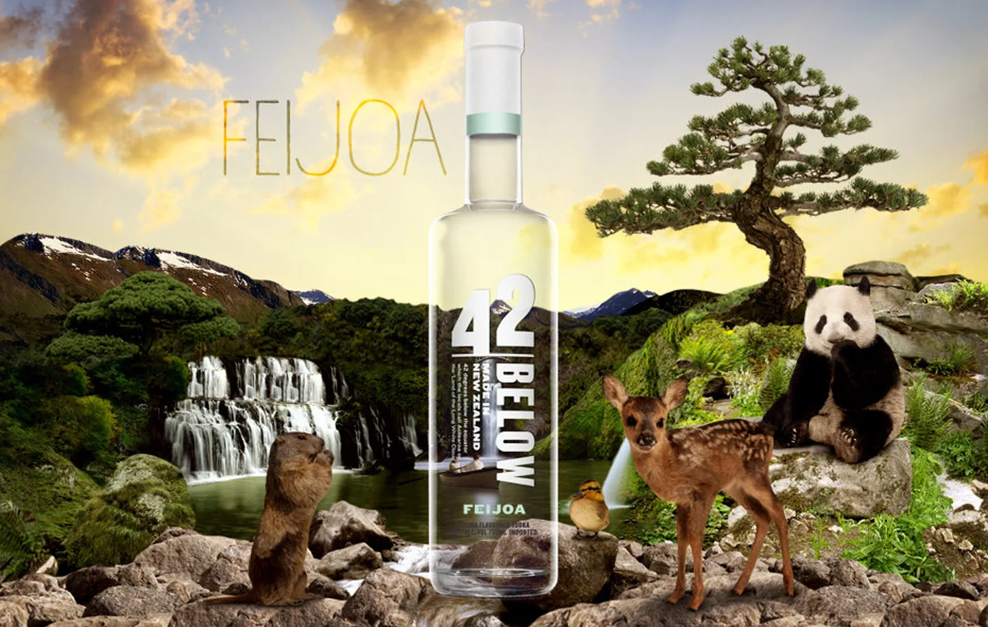 42Below Feijoa flavour world — bottle surrounded by waterfalls, native wildlife, and a panda in a lush tropical landscape