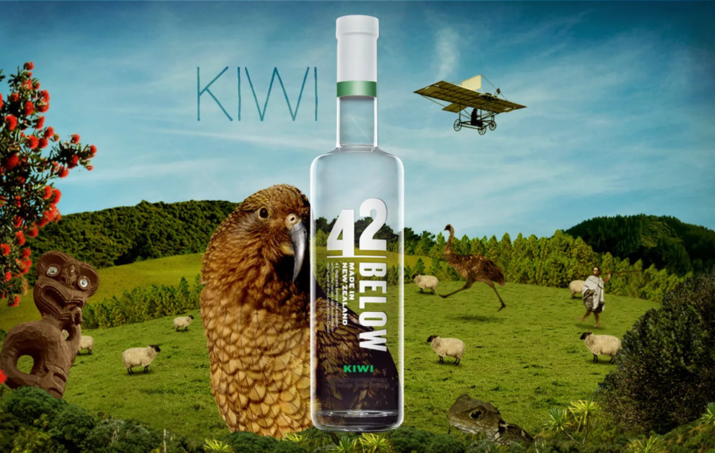 42Below Kiwi flavour world — bottle in rolling green New Zealand hills with a kea, Māori carvings, sheep, and a vintage biplane