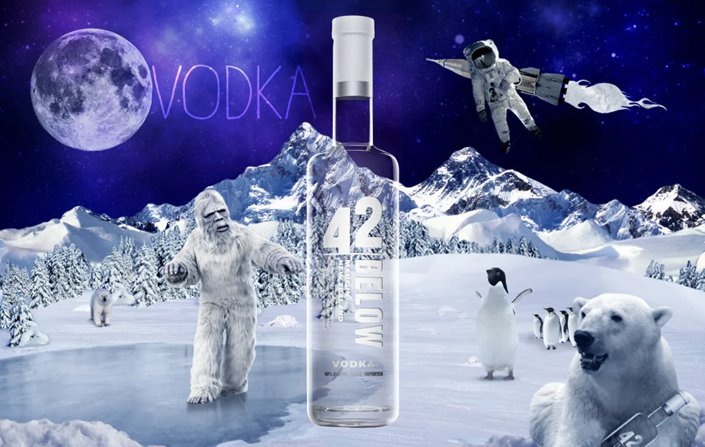 42Below Vodka world — bottle in an arctic landscape with a yeti, polar bears, penguins, and an astronaut against a star-filled sky