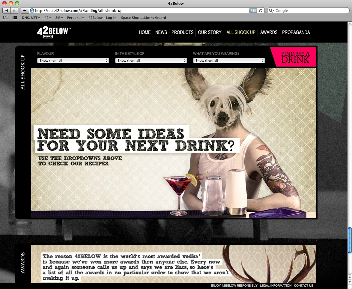 42Below.com All Shook Up cocktail finder with dropdowns for flavour, style, and occasion
