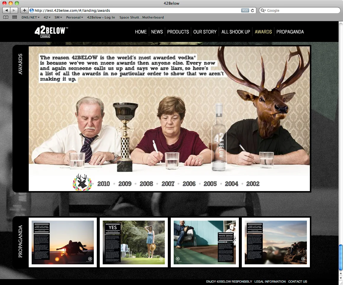 42Below.com Awards page showing the judges panel and year-by-year award timeline