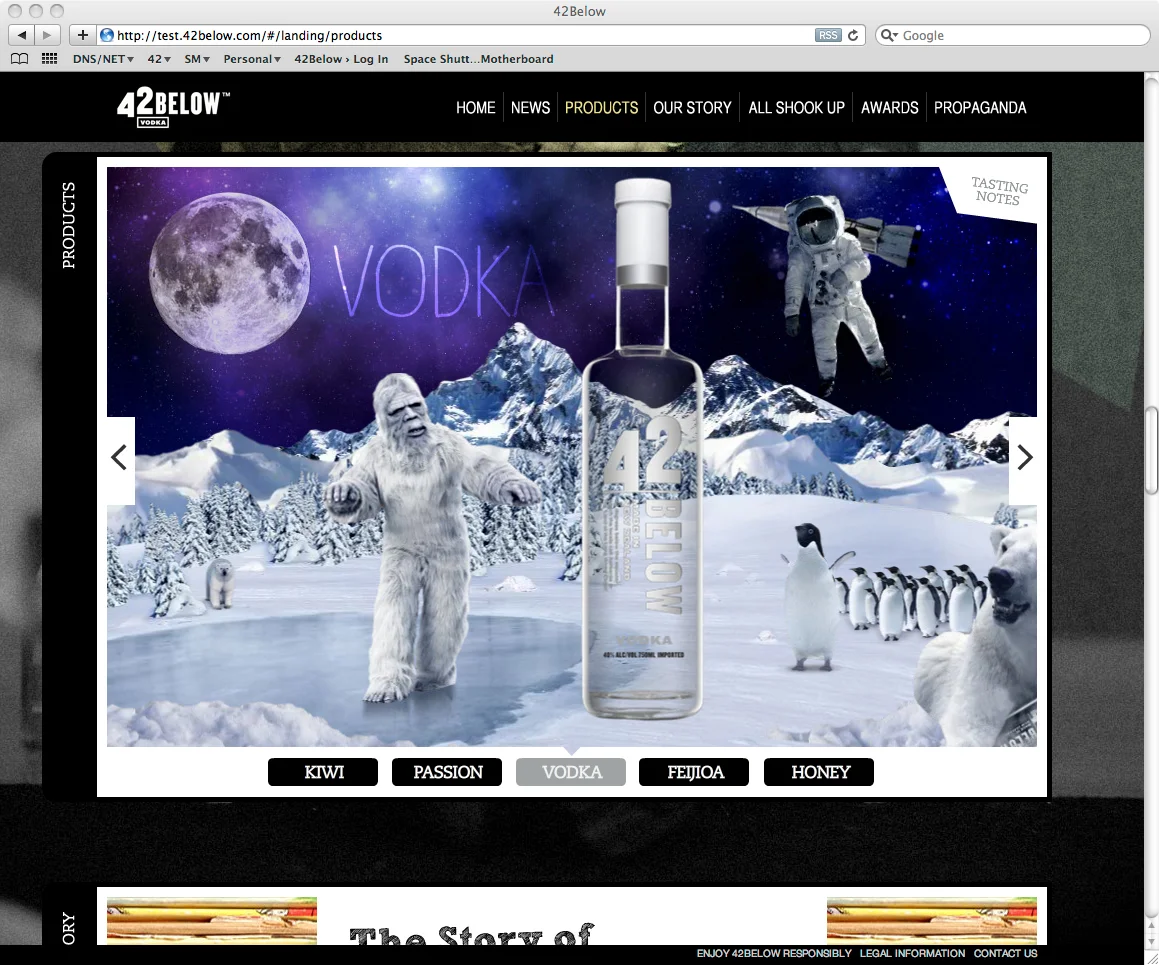 42Below.com Products page showing the flavour carousel with yeti, penguins, and astronaut in an arctic landscape
