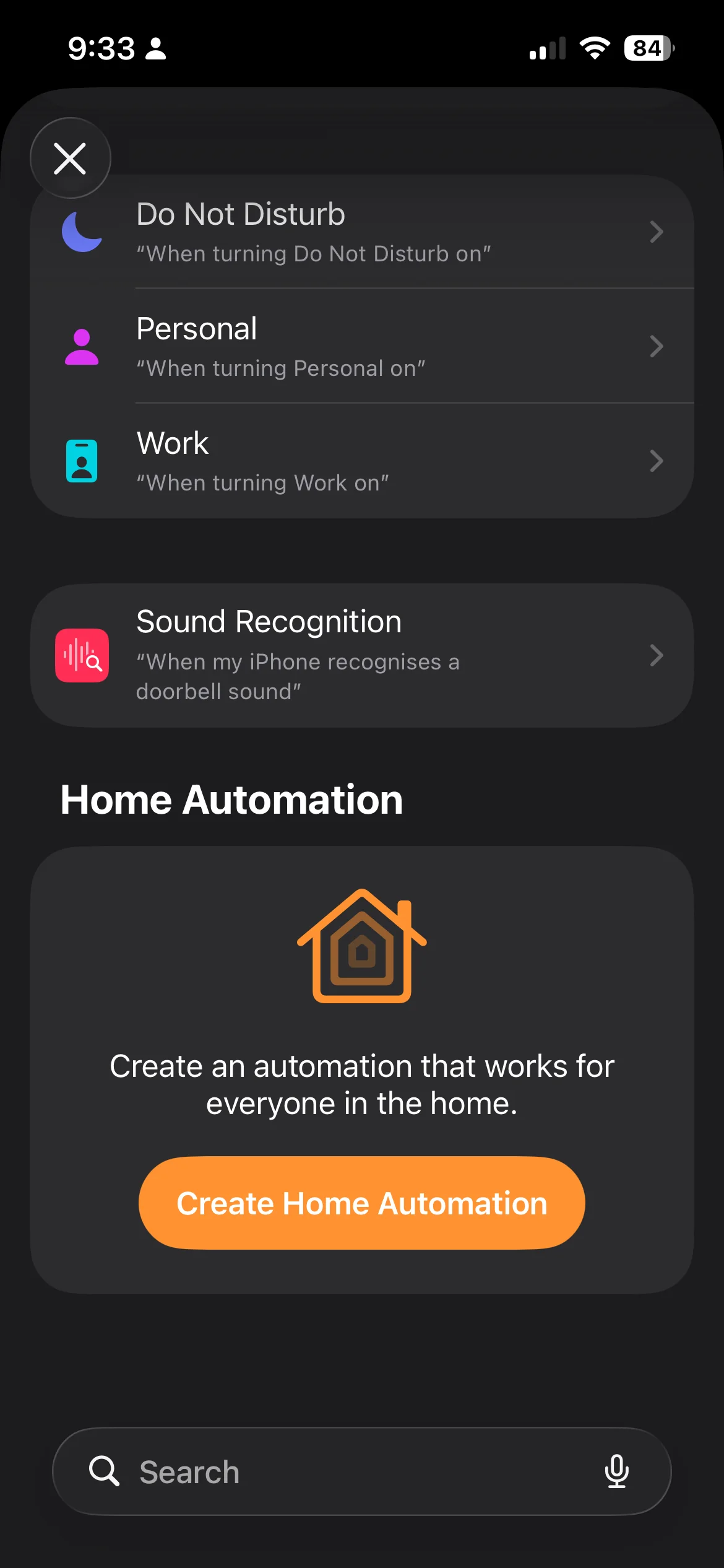 Shortcuts Automations screen showing the Home Automation section at the bottom with the Create Home Automation button