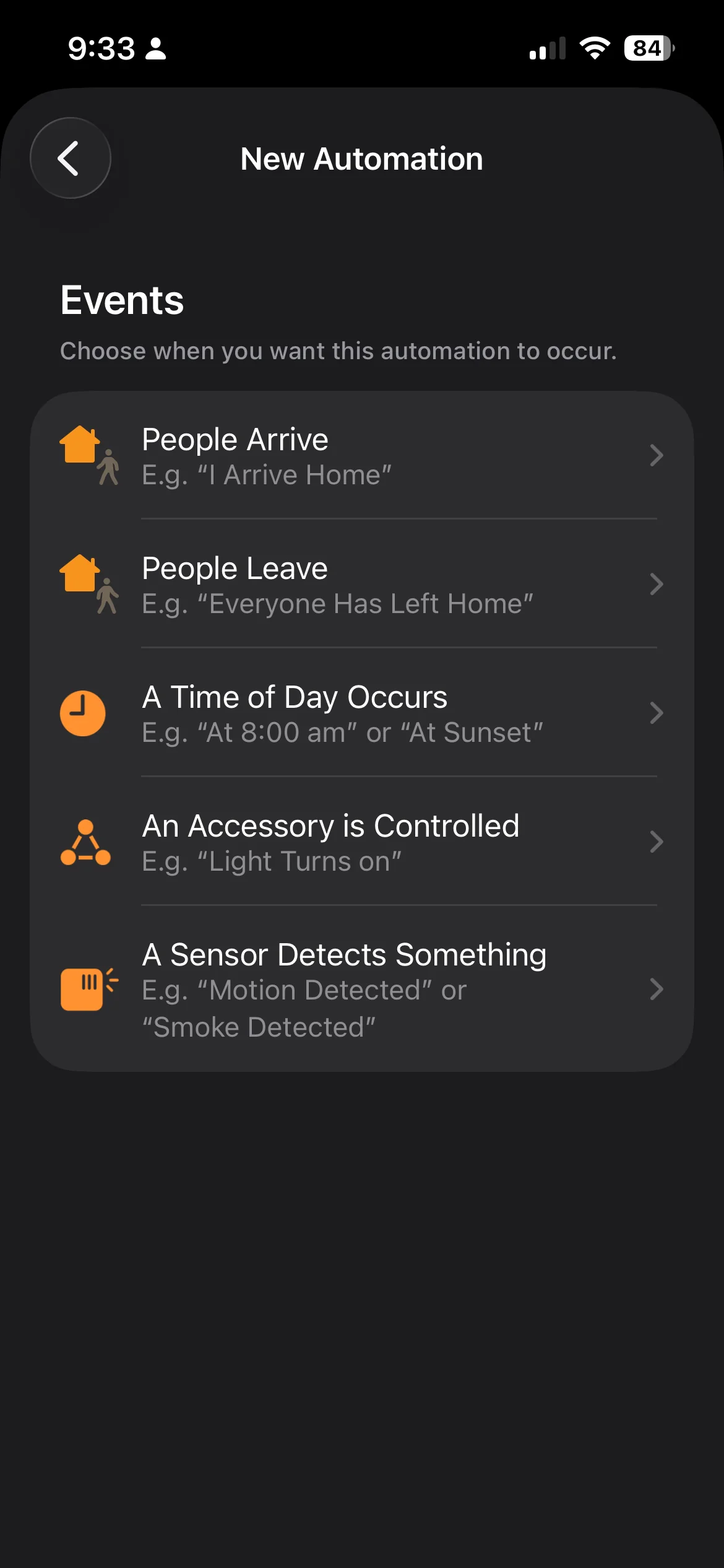New Automation screen showing event types — An Accessory is Controlled is the one to select