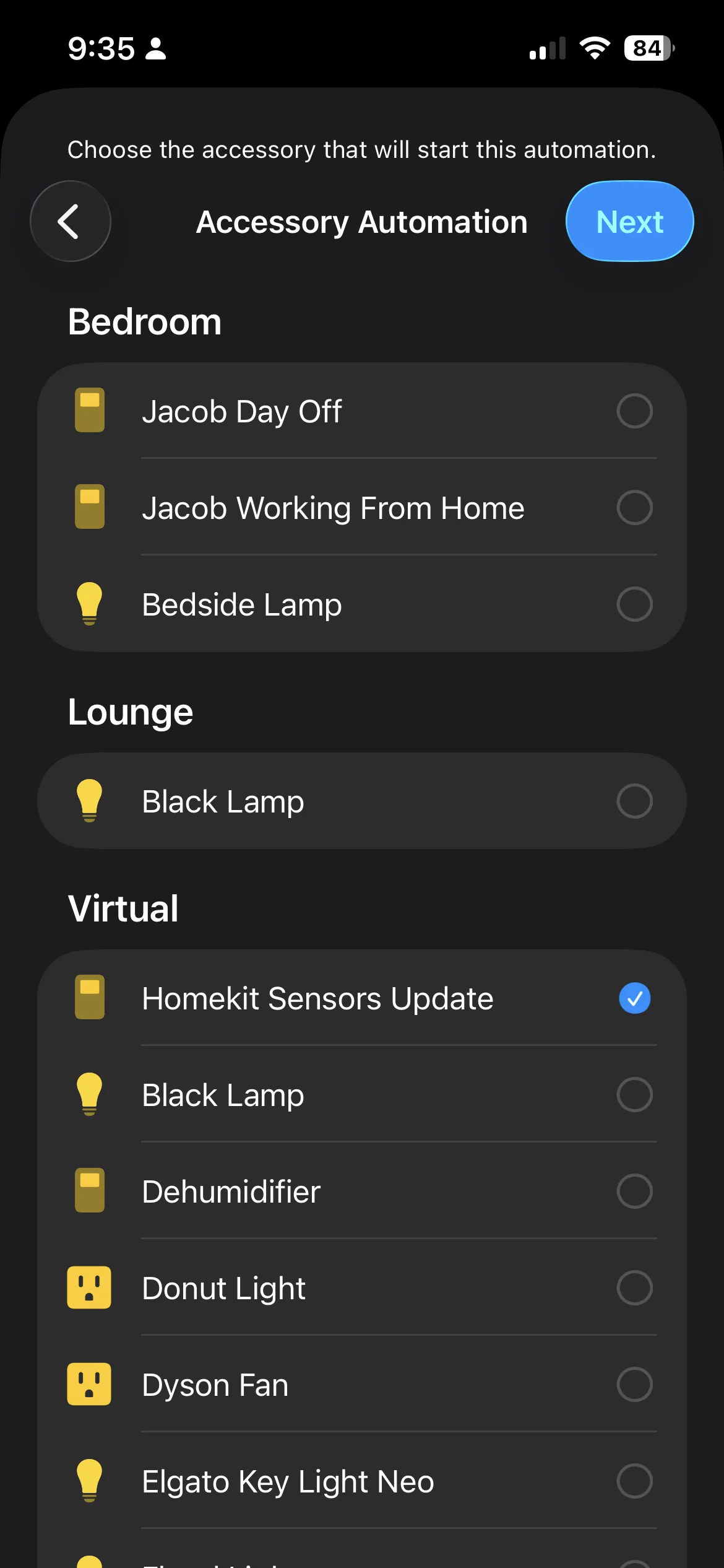 Accessory Automation screen with Homekit Sensors Update selected under the Virtual group