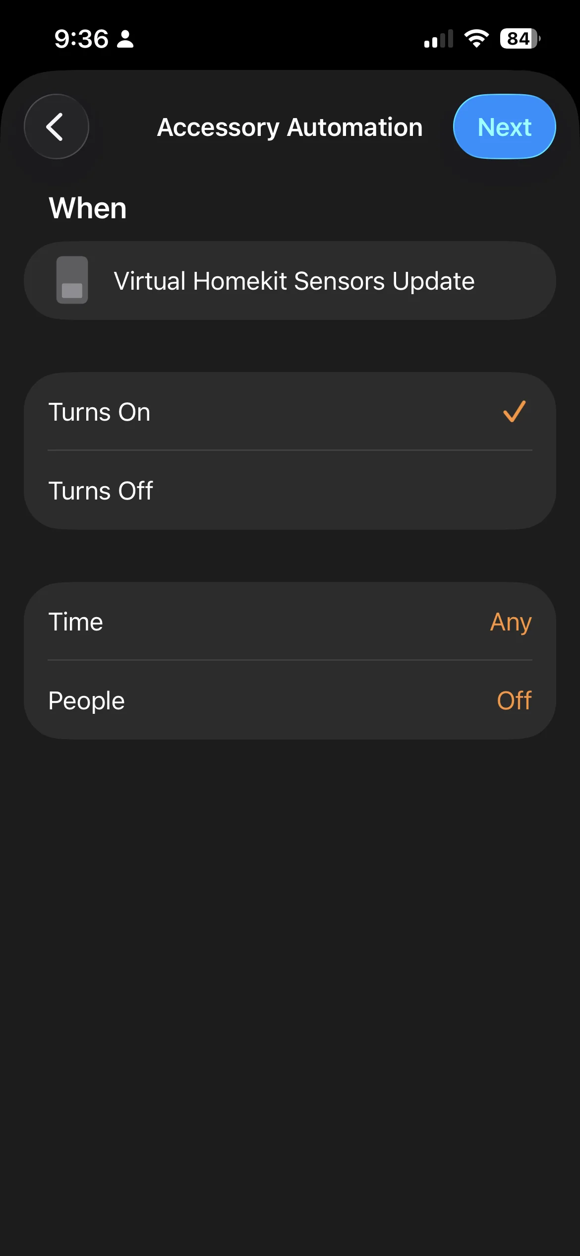 Accessory Automation When screen — Turns On selected, Time set to Any