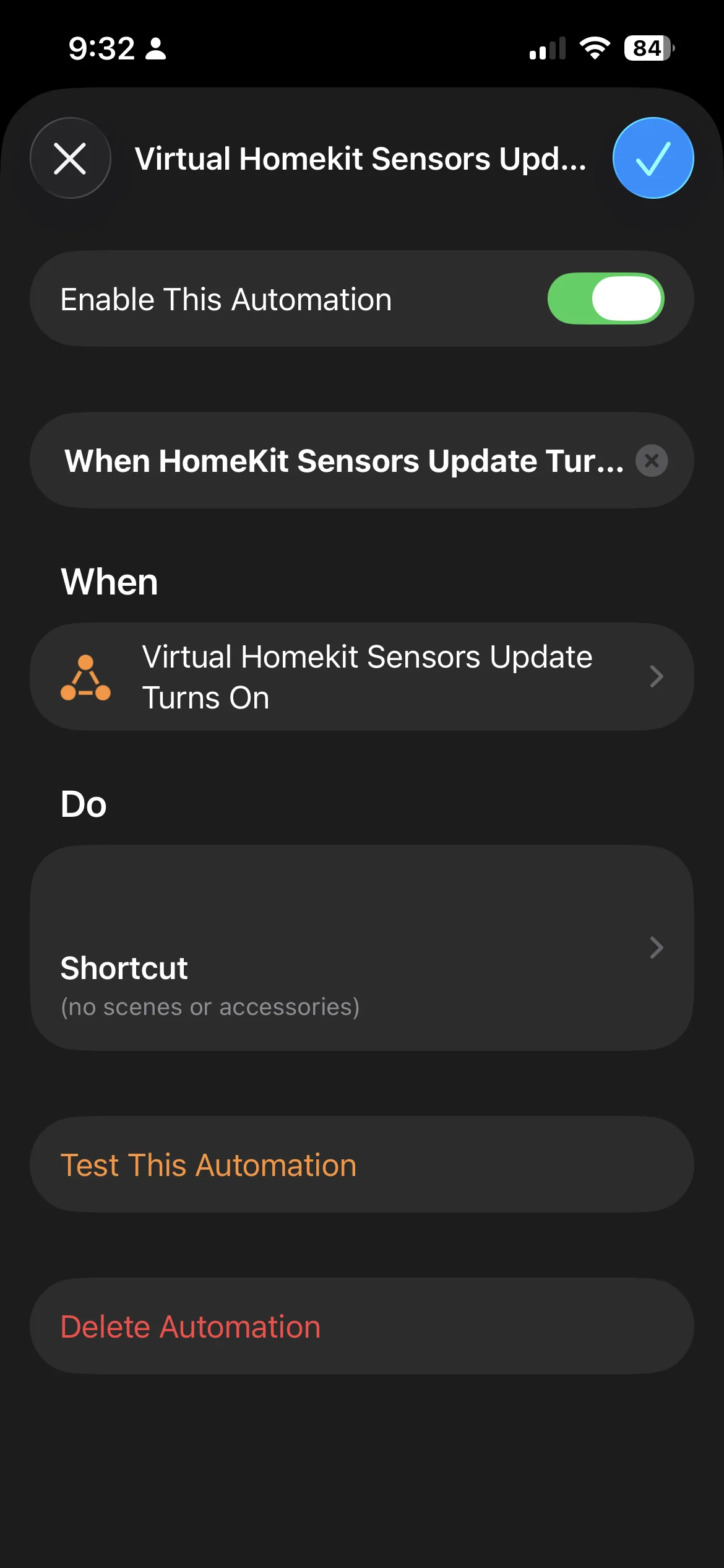 Completed HomeKit automation showing When HomeKit Sensors Update Turns On triggers a Shortcut