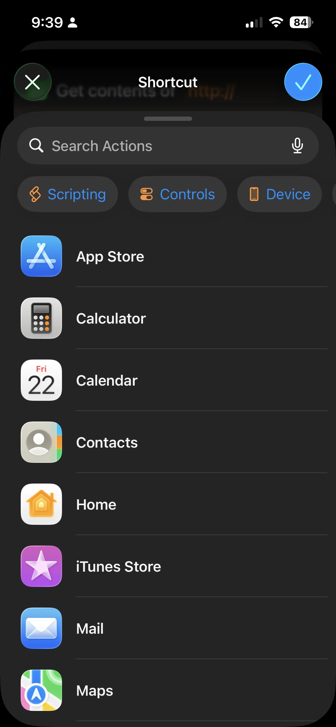 Shortcuts action picker panel showing category filters (Scripting, Controls, Device) and app list including Home — select Home to find Get Status