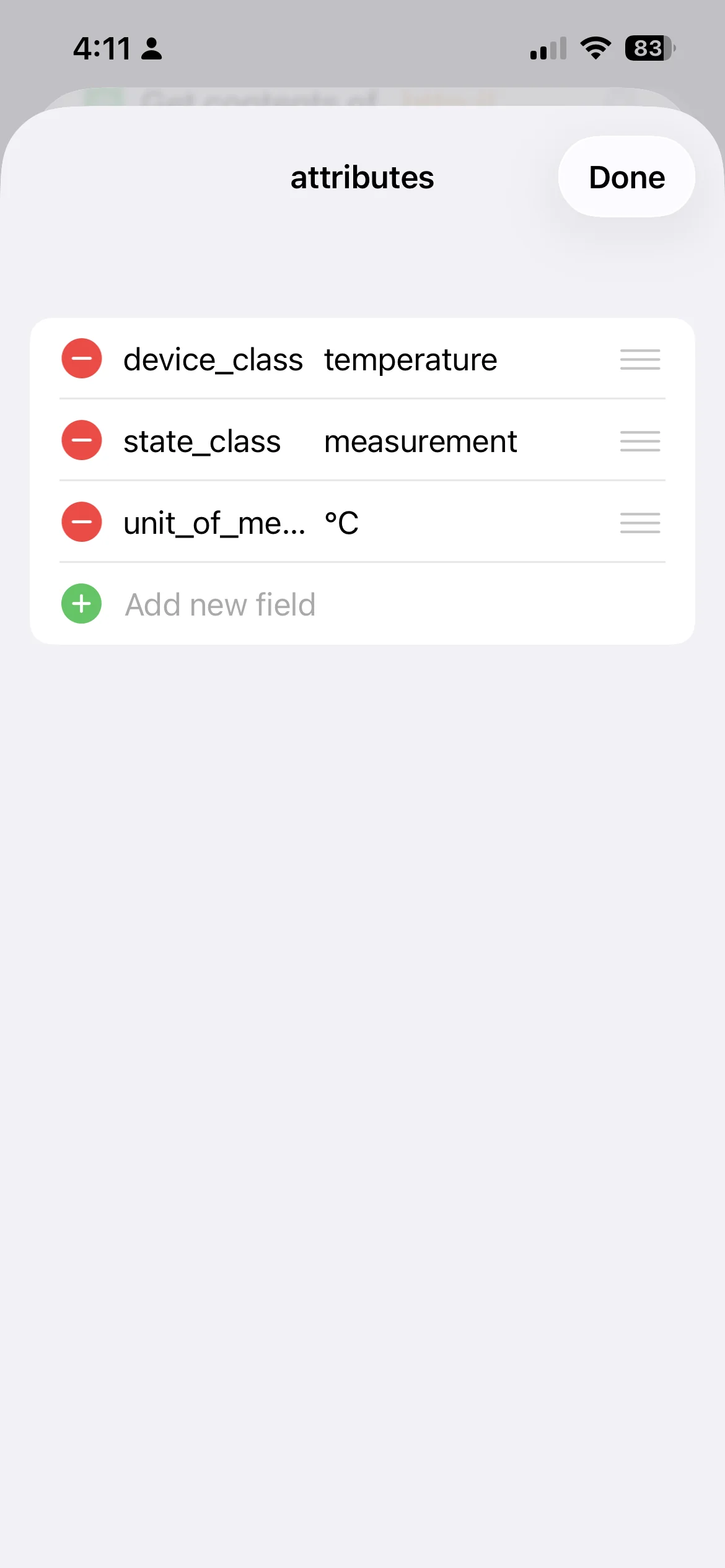 Attributes dictionary showing device_class set to temperature, state_class set to measurement, and unit_of_measurement set to °C