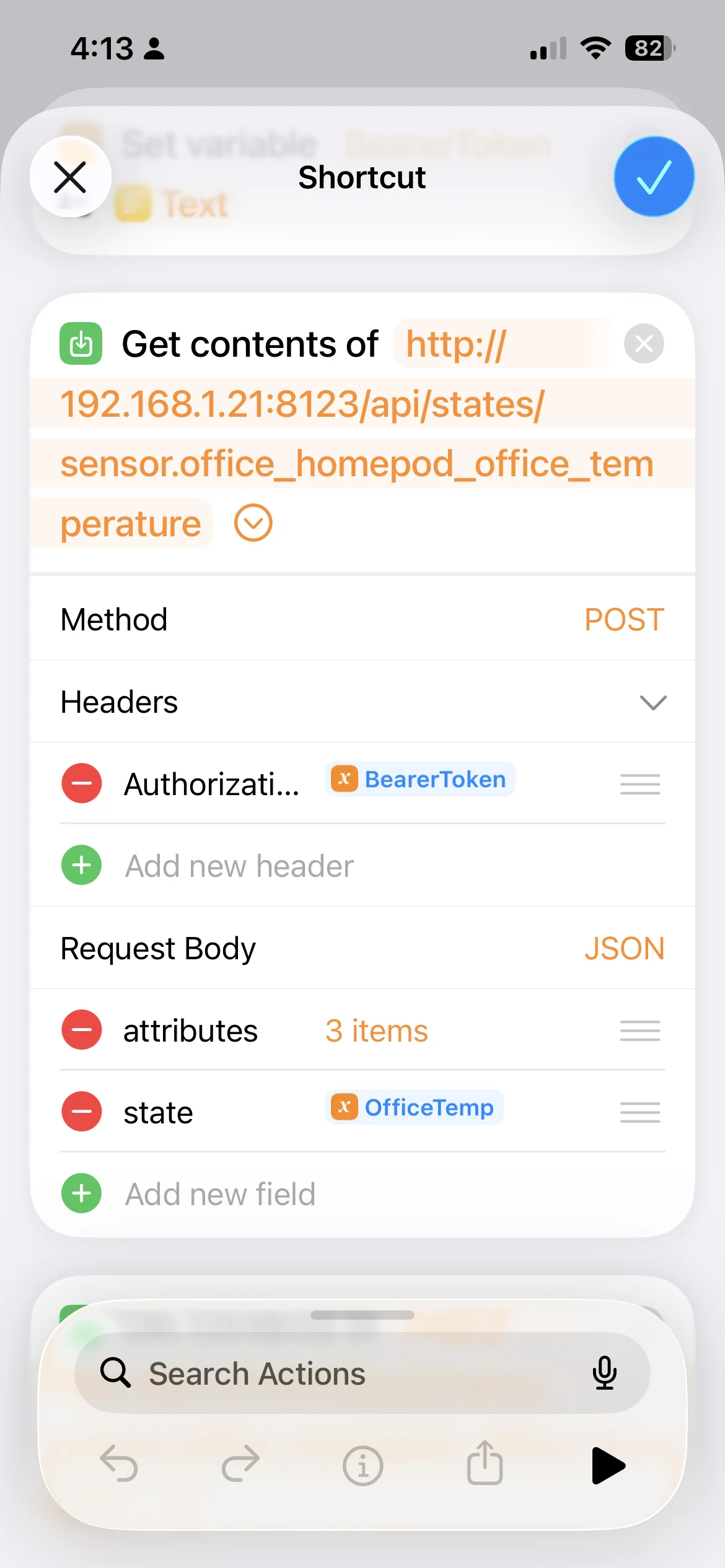 Completed shortcut showing the Get Contents of URL node with all fields configured and ready to run