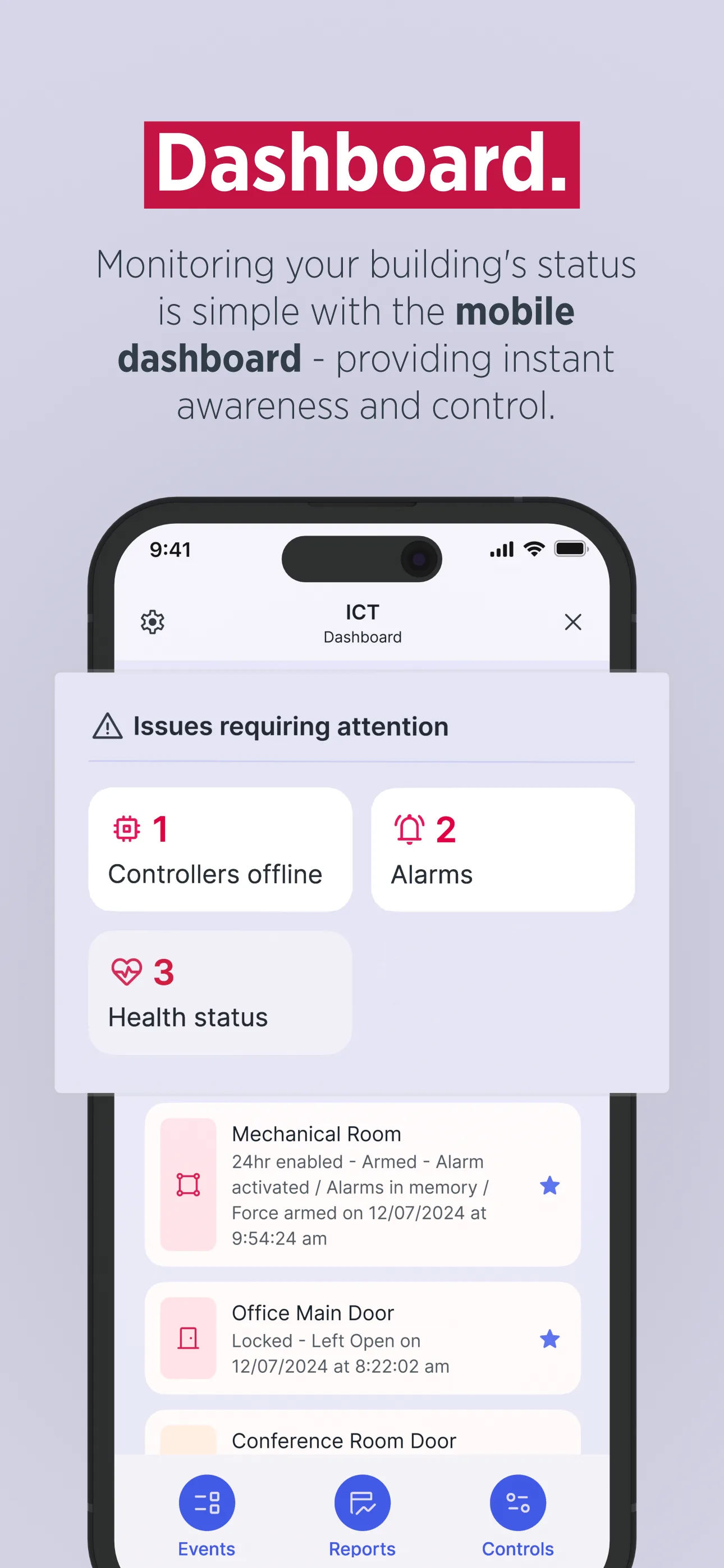 Access+ Dashboard — issues requiring attention, with controllers offline, alarms, and health status counts