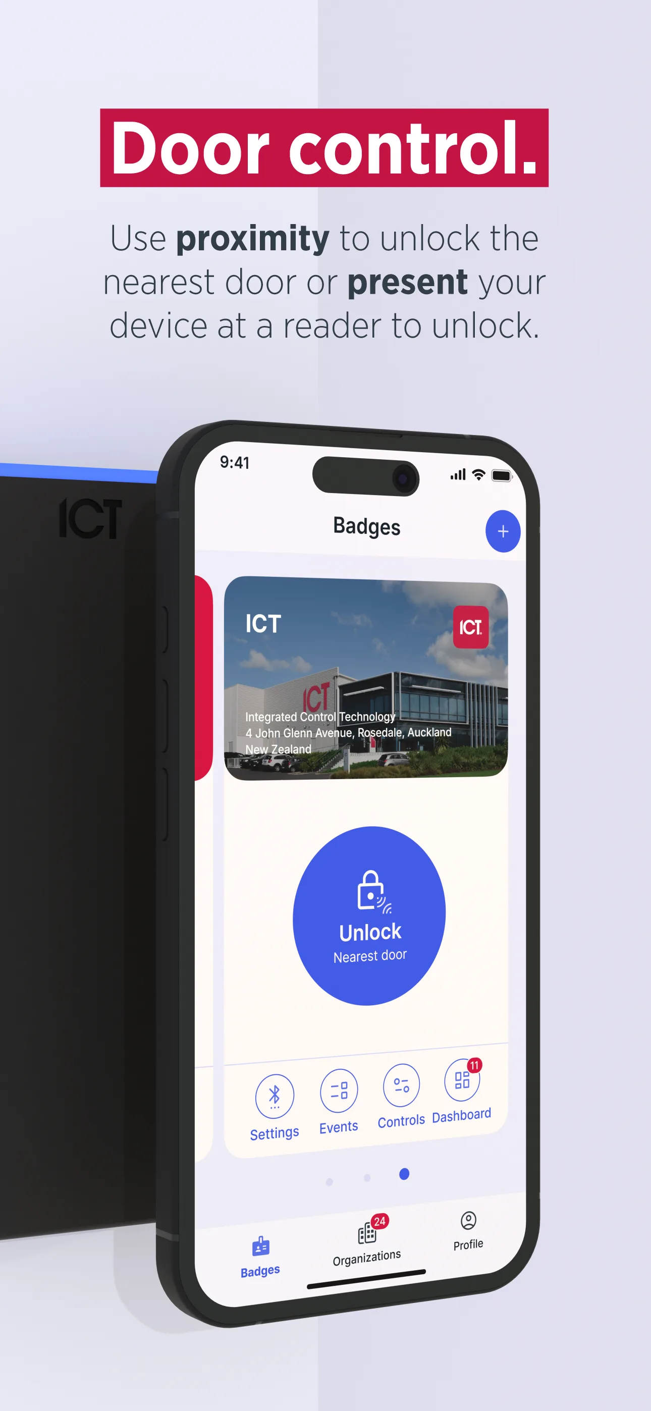 Access+ Door Control — Badges screen with proximity unlock button for nearest door