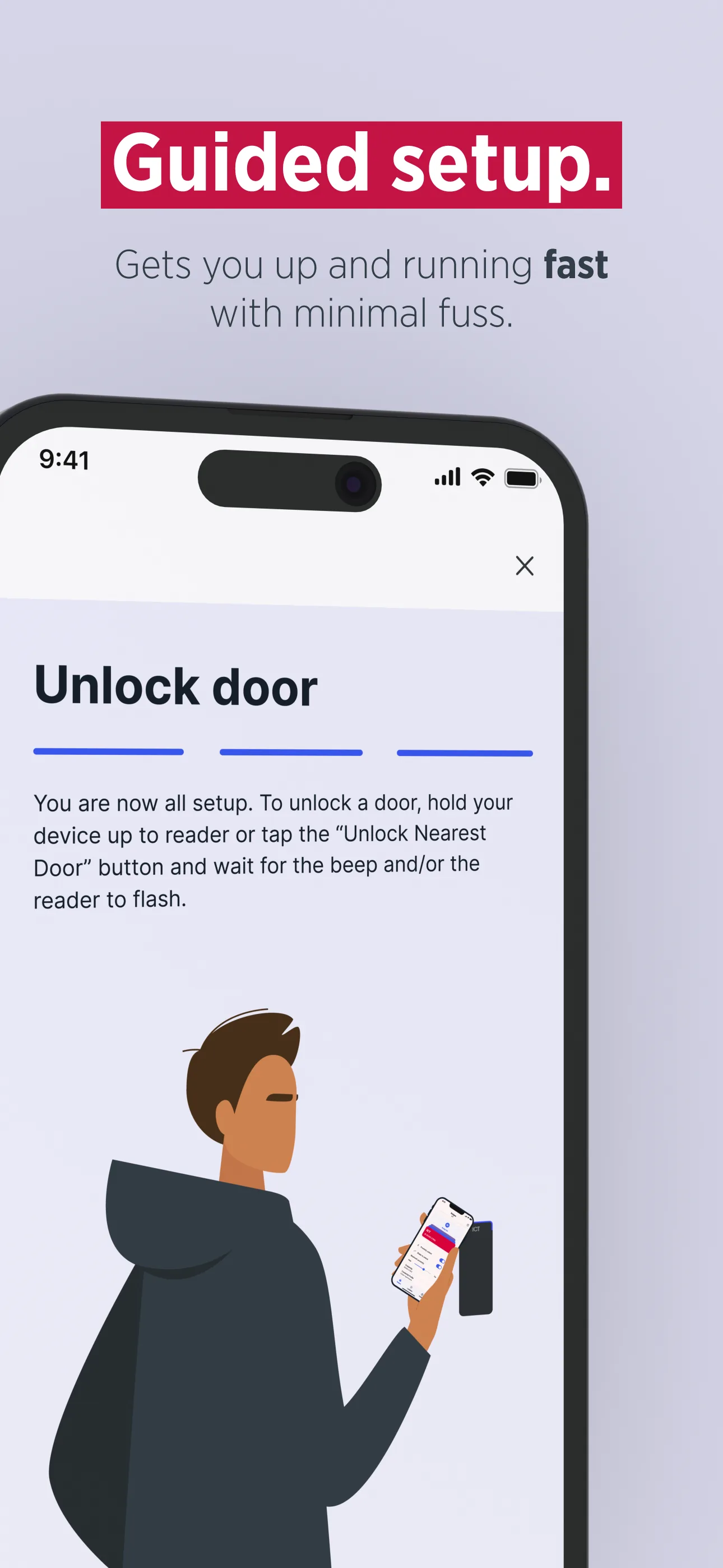 Access+ Guided Setup — onboarding flow showing how to unlock a door via reader tap