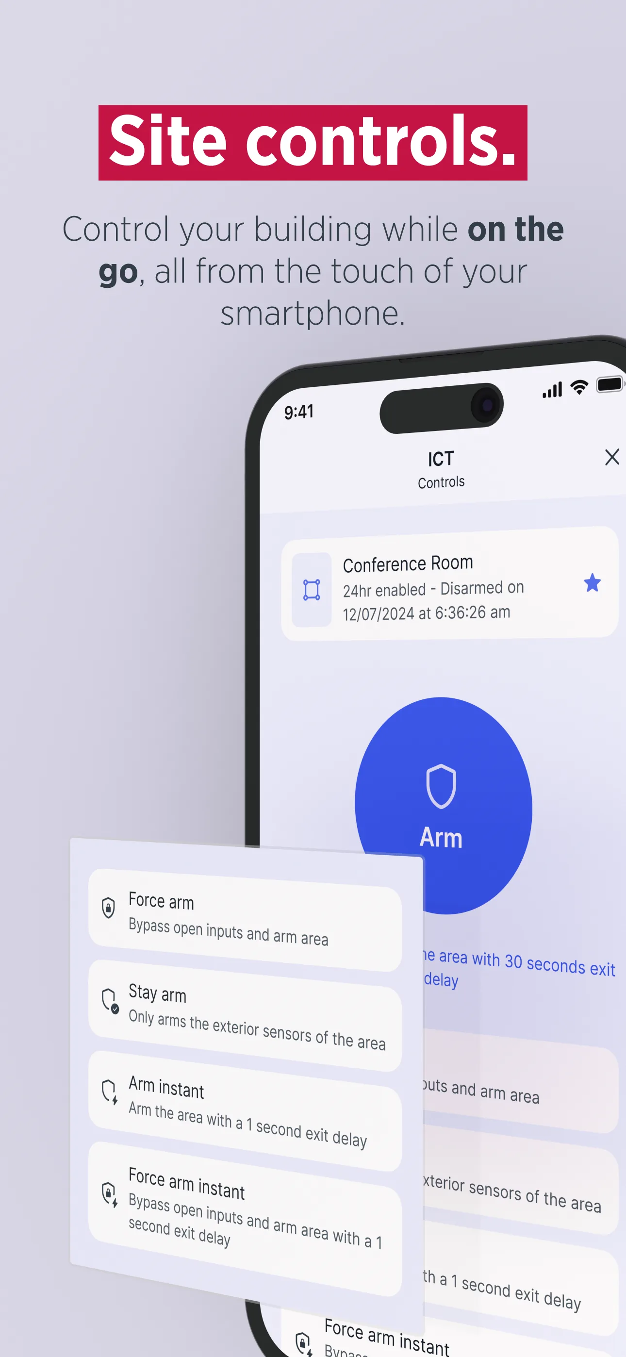 Access+ Site Controls — arm, force arm, stay arm, and instant arm options for building areas