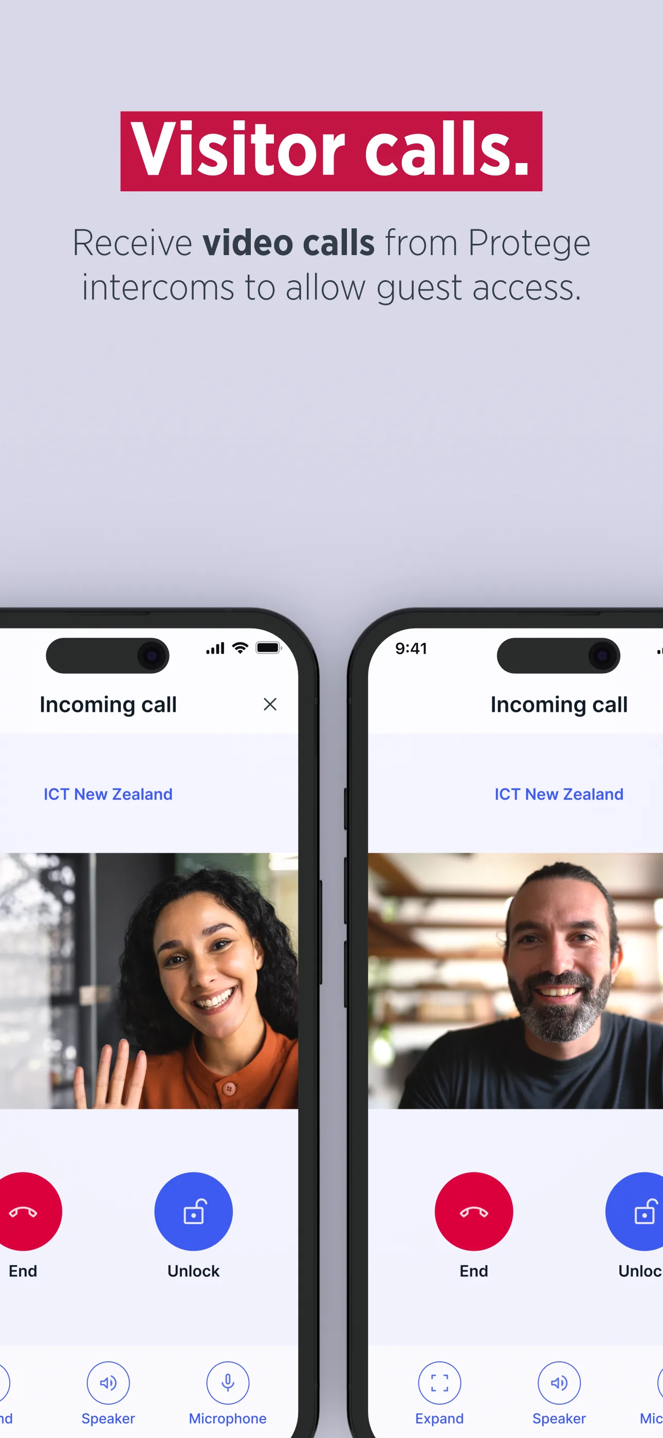 Access+ Visitor Calls — video intercom incoming call with End and Unlock actions